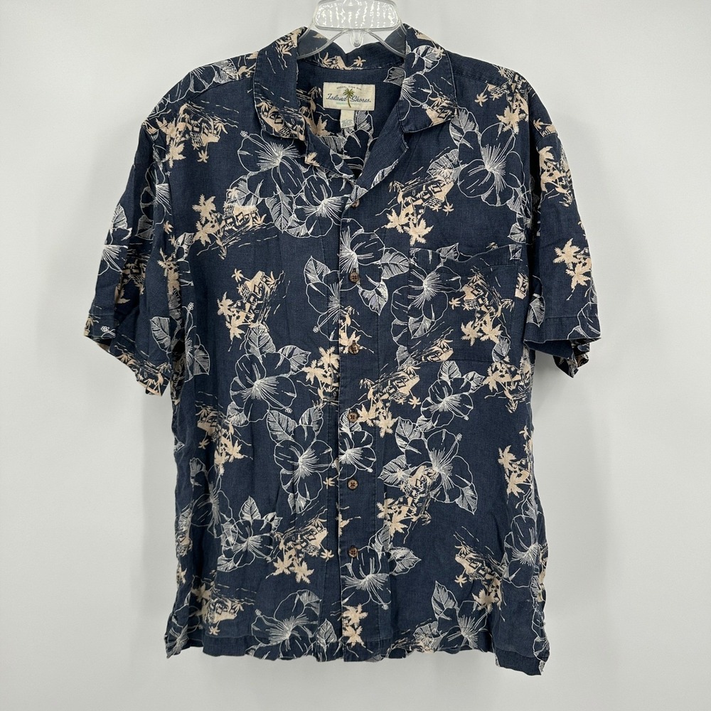 Mens Linen Blend Floral Hawaiian Shirt Size L Resort Vacation Cruise Beach Tiki